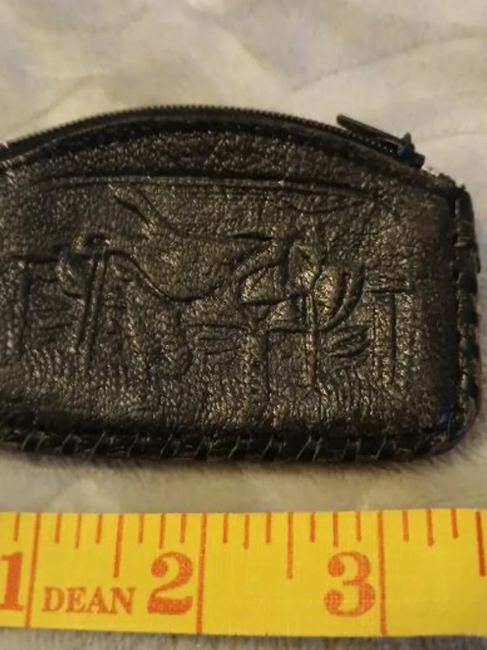 Vintage handmade black leather tooled coin purse with zipper closure